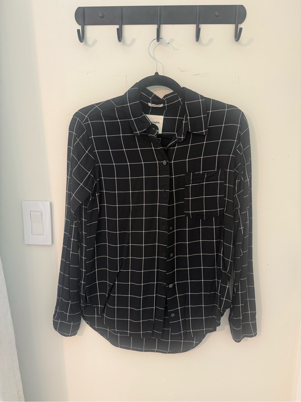 Abercrombie & Fitch Black Button-Down Shirt with White Windowpane